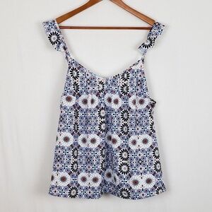 EUC ModCloth Blue Floral Ruffle Strap Cami Top Kaleidoscope Print Size 1X